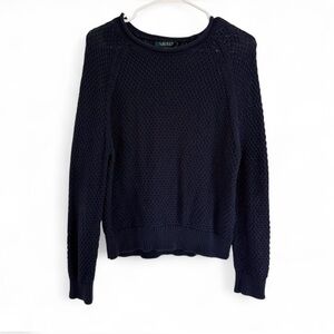 Lauren Ralph Lauren Womens Roll Neck Sweater Medium Navy Crochet Open Knit